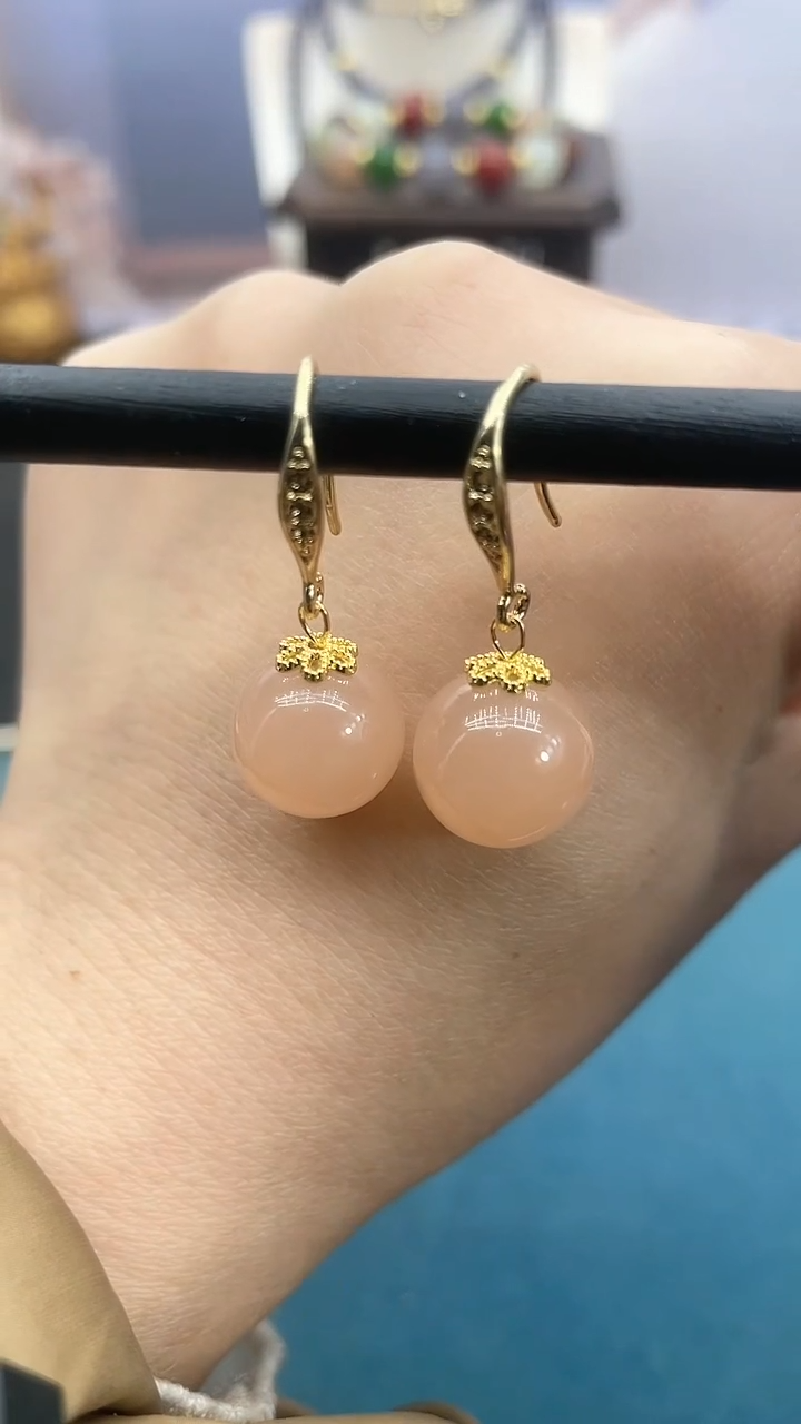 【闪购商品】和田玉耳饰银S925镶嵌12mm藕粉单珠耳钩