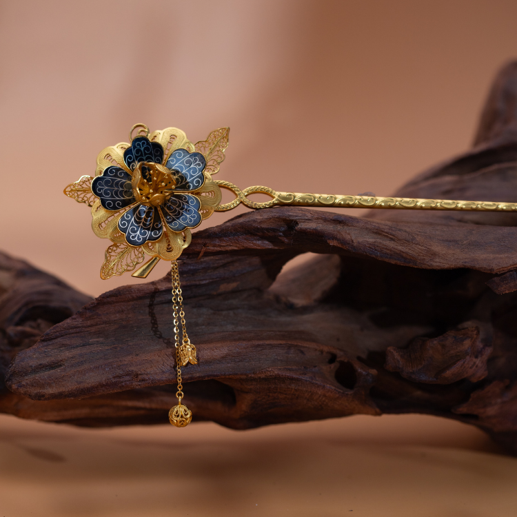 金大师乌铜走银天工繁花发簪 （银镀金）非遗手工