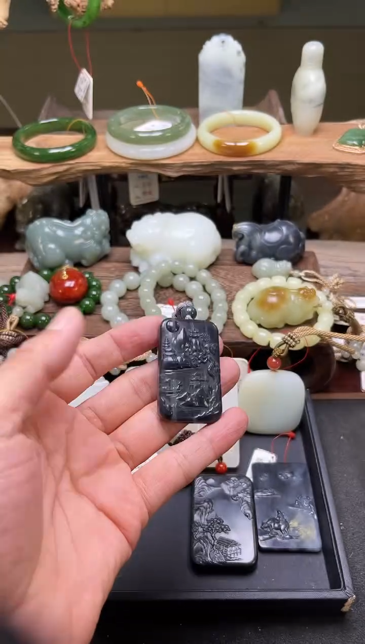 和田玉未镶嵌吊坠(不含链)毛毛矿青花 山水牌9003158