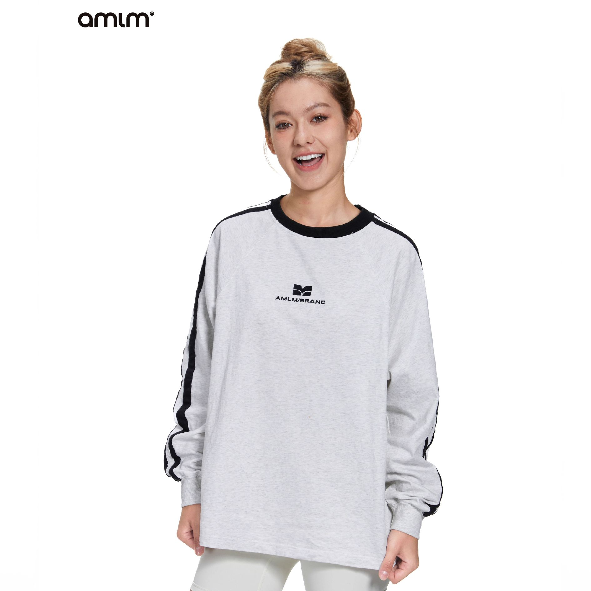 AMLM 织带拼接长袖t恤男美式复古潮牌上衣打底衫男女同款