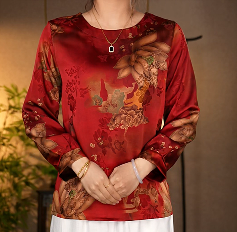 【A23宋锦红莲】2025年气质百搭长袖妈妈装小衫