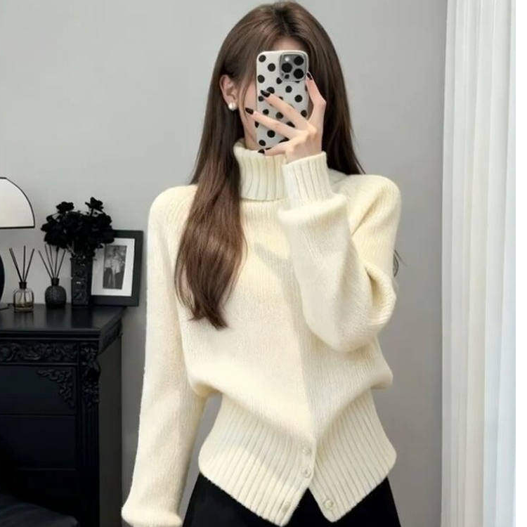 温柔慵懒风高领开叉针织衫女秋冬季松弛风毛衣高级感百搭时尚上衣