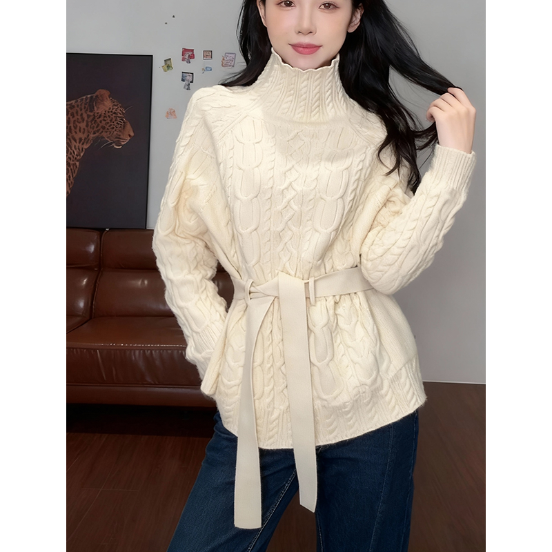 【系带毛衣】秋冬宽松高领麻花套头针织衫女设计感收腰绑定毛衣