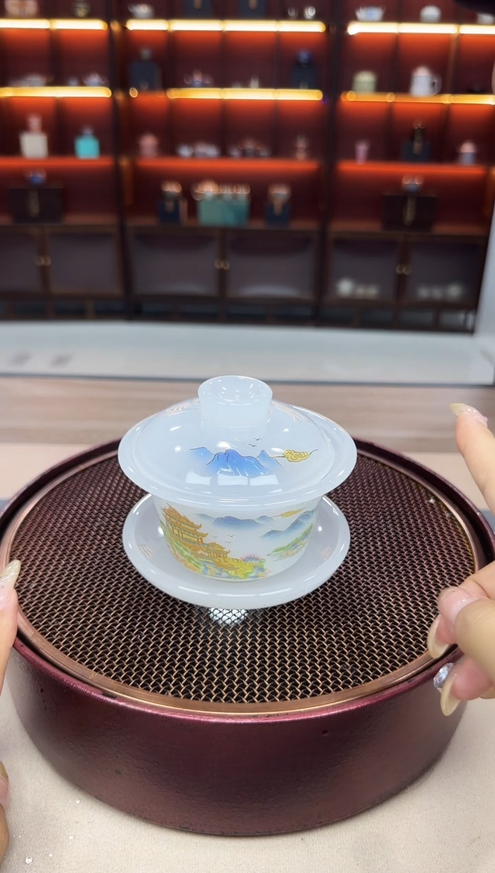 琉璃-锦绣山春盖碗四杯