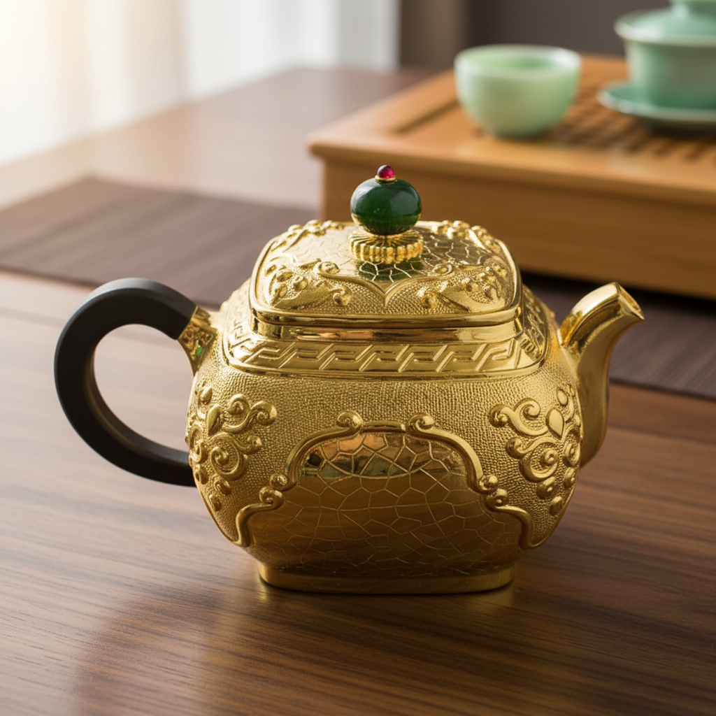 蜂鸟工坊 大师壶 木把麻点錾刻祥兽四方镀金小壶 SWA11076