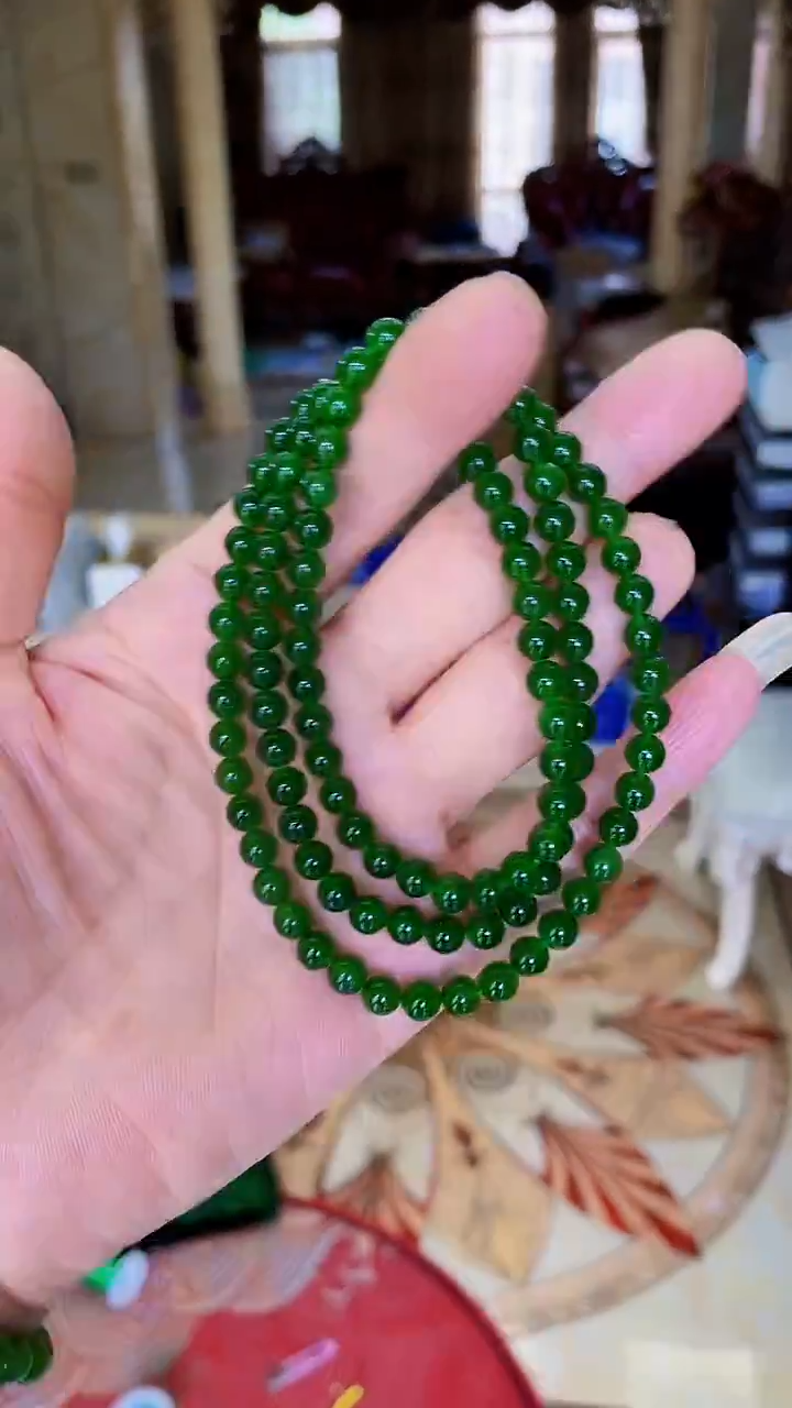 【袁氏矿业】天然和田碧玉冰阳绿卡6妈妈链微黑点108颗（多样性发一）