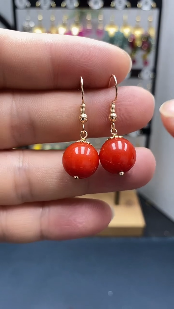 银S925镀金镶嵌南红玛瑙耳饰尺寸12mmC2
