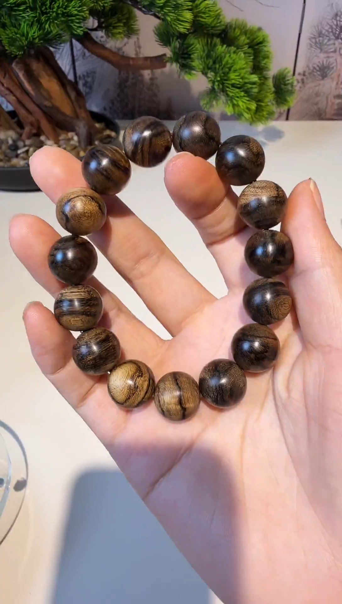 沉香手串A8喜鼎【典藏】越南芽庄白奇楠稀缺虎斑纹1.4cm单圈手串