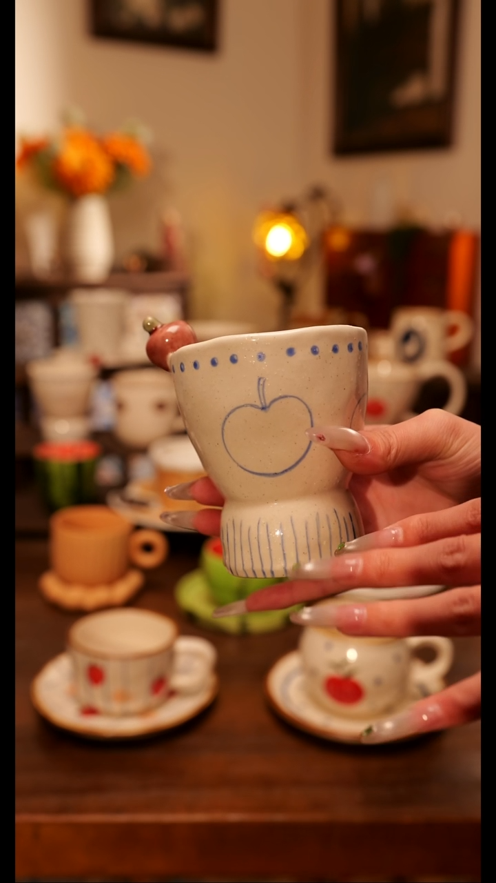 陶便携款粗陶磨砂手作小苹果  手绘釉下彩