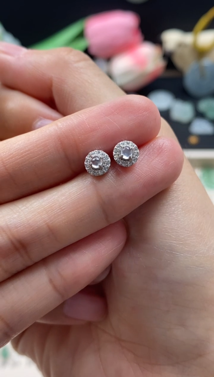 【闪购商品】翡翠耳饰银S925镶嵌翡翠白冰蛋面耳饰