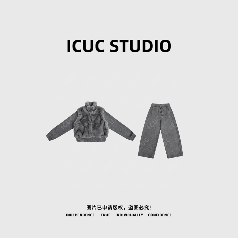  ICUC STUDIO-“悉尼街头”毛毛拼接立领短外套+抽绳阔腿裤套装870