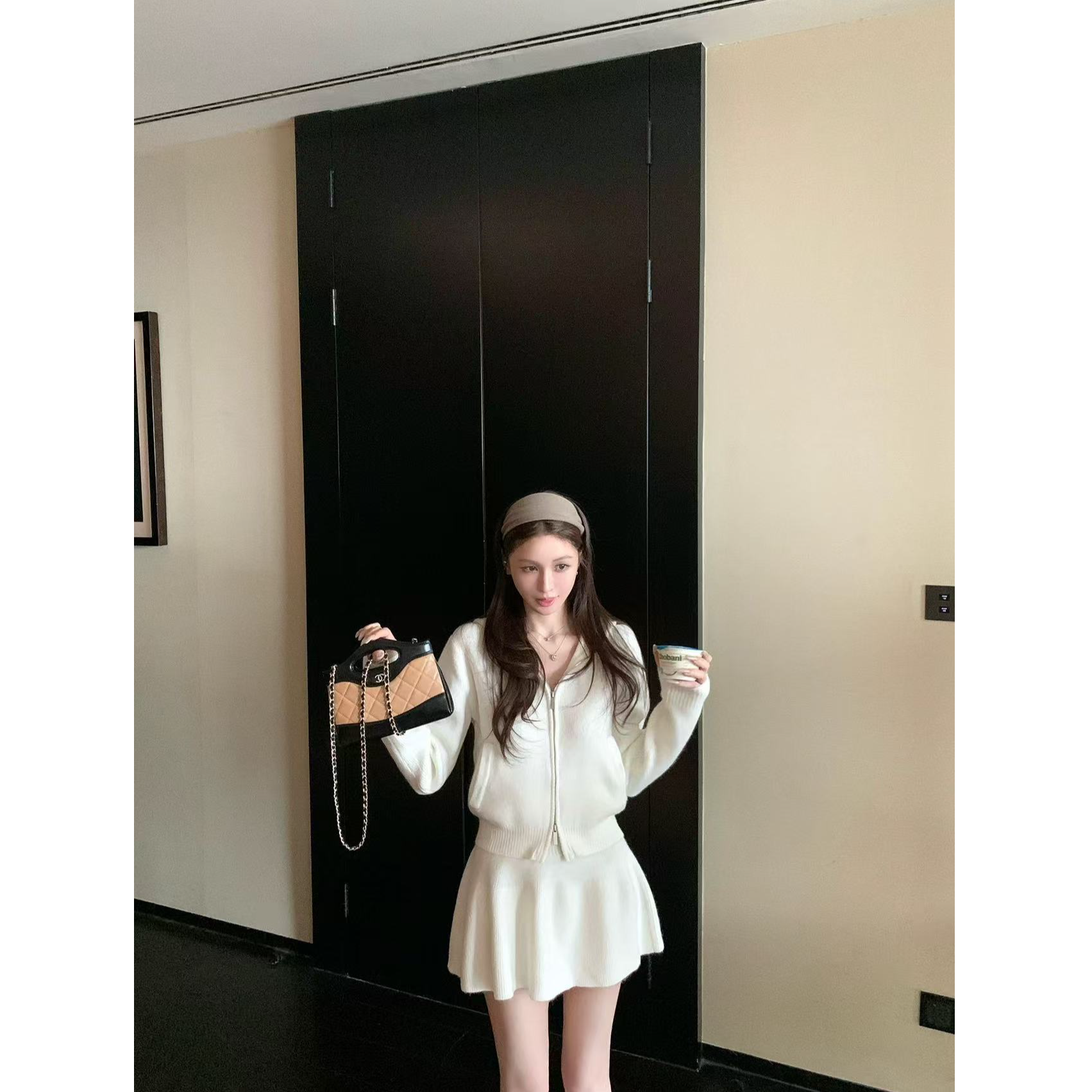 连帽双拉链长袖针织开衫毛衣外套半身裙两件套女秋冬巨好看一整套