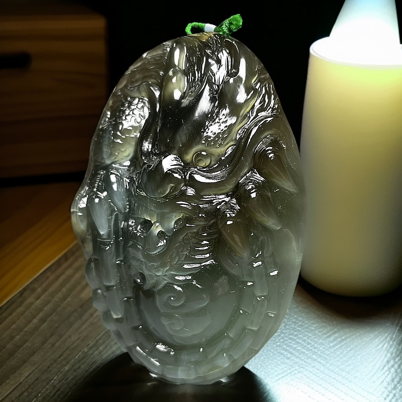 【迈越珠宝】天然和田玉冰底猫眼玉龙吊坠双面精工雕刻玉龙吊坠