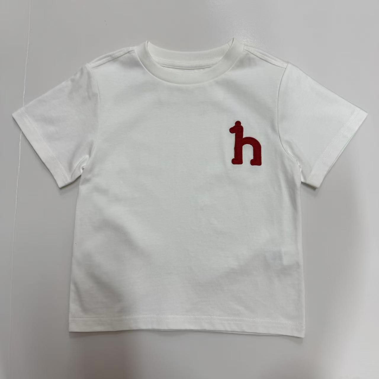 夏季女童洋气圆领纯色瓦片刺绣h标短袖T恤夏装宝宝儿童25001