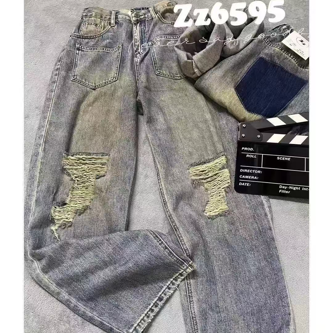 2025早秋新款美式复古水洗破洞阔腿牛仔裤女时尚百搭直筒裤9308