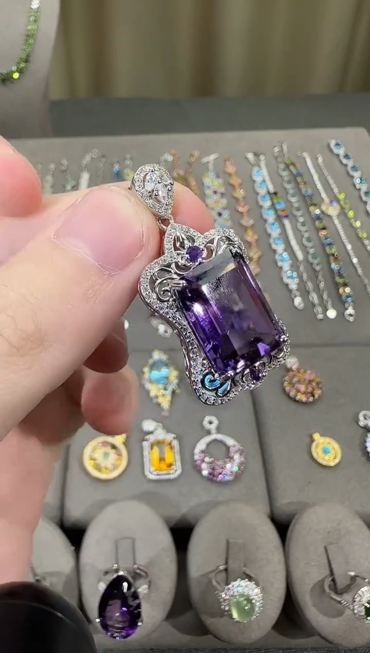 颈饰银S925镶嵌紫晶13*18mm吊坠无事牌设计款