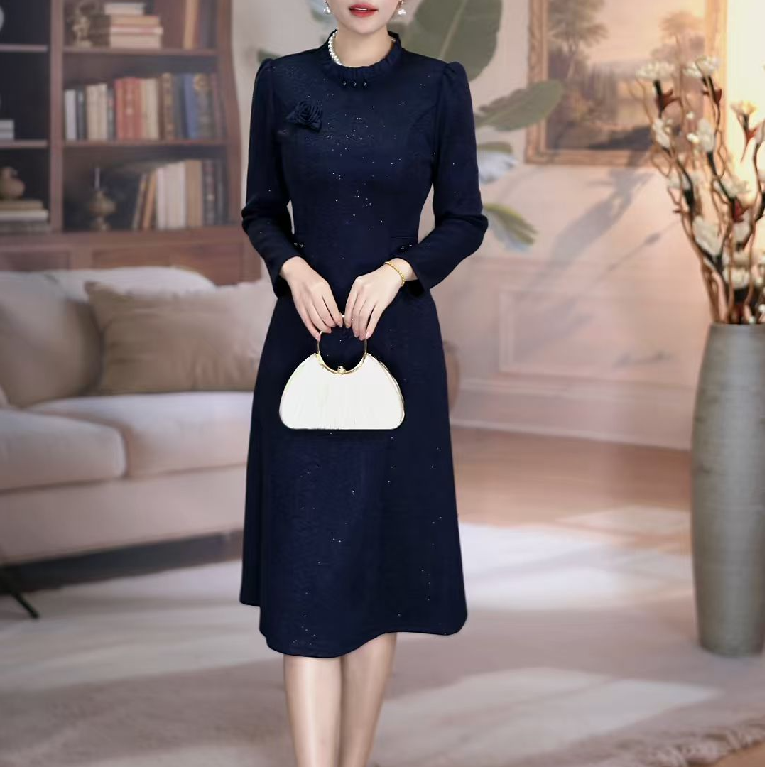 【妙莱 雅奢蓝】秋冬季新款优雅洋气显瘦轻奢爆款假两件套长袖连衣