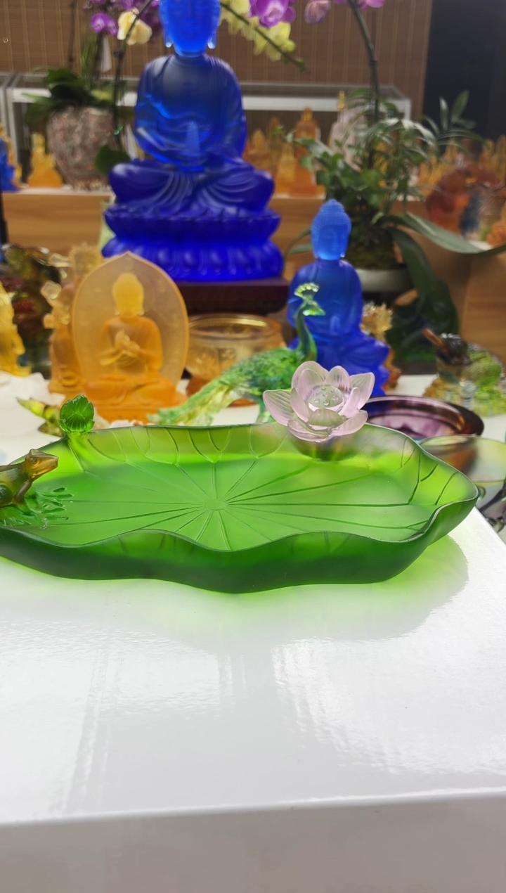 手工艺品琉璃绿色荷叶线香插果盘壶承21*13.5*5公分