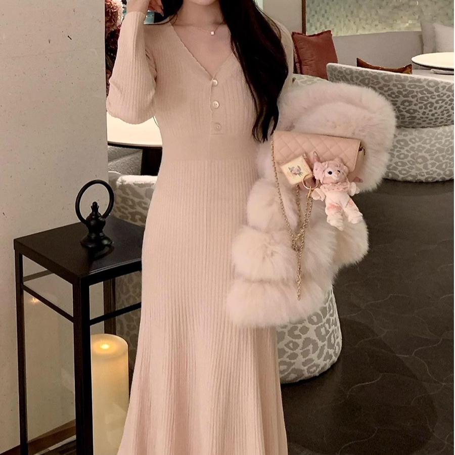 浪漫曲线 羊 毛机织费尔岛工艺针织连衣裙女冬季毛衣裙高腰包臀裙