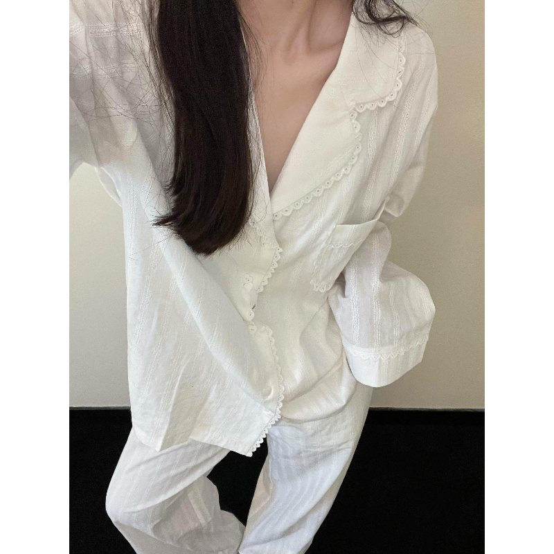 【纯白花边】甜美白月光长袖纯棉睡衣女春秋新款休闲宽松家居服套装