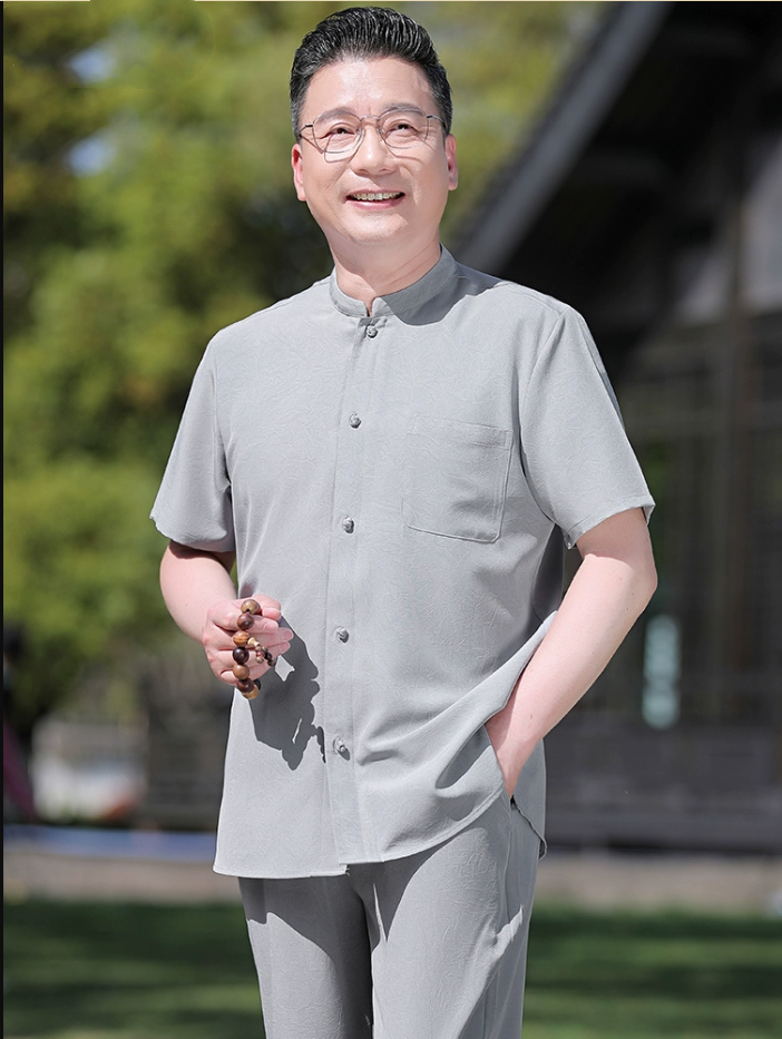 爸爸夏装套装中年男夏季短袖休闲衬衫中老年人爷爷新中式冰丝衣服