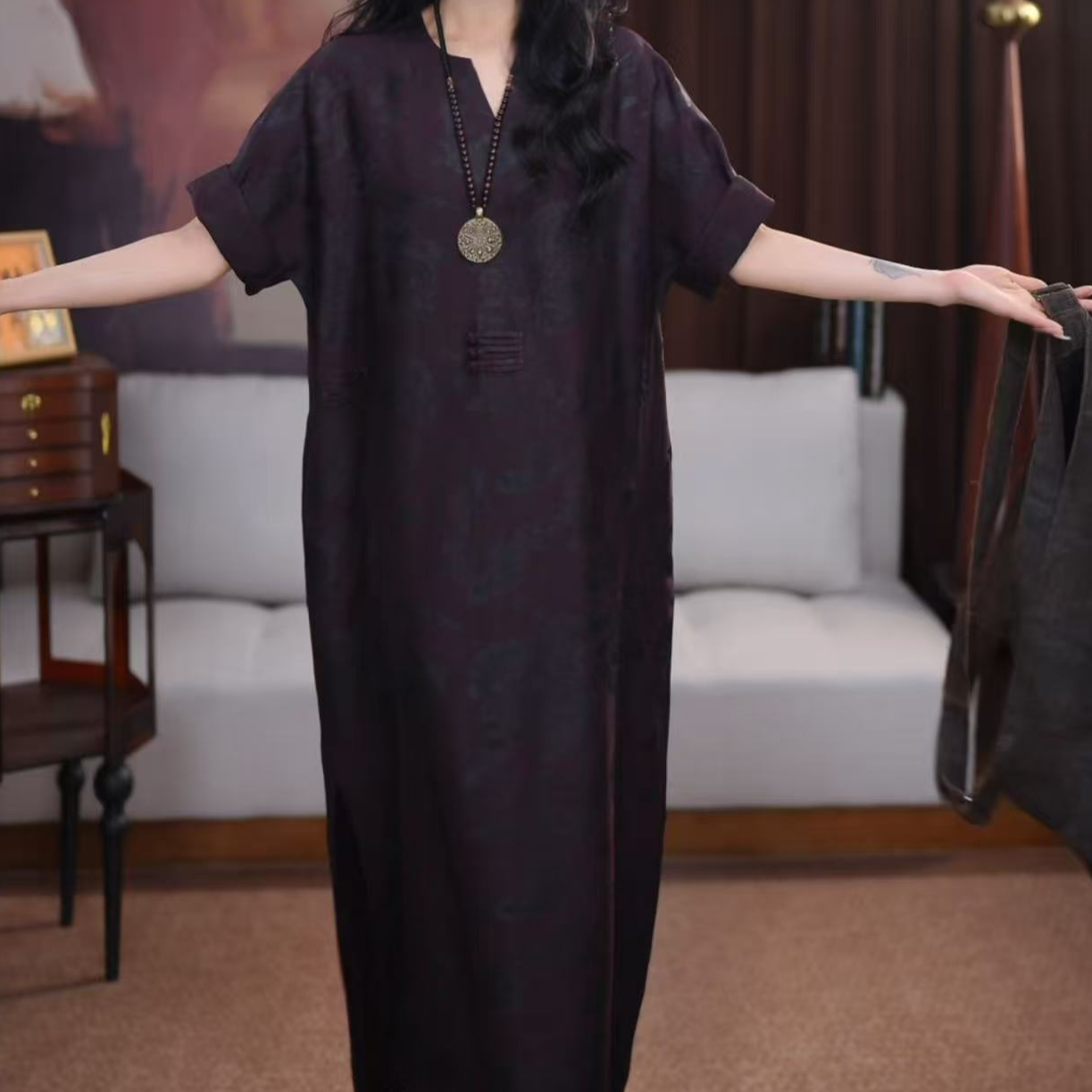 【乐汐】香云纱长款百搭时尚宽松春夏清凉气质新中式国风连衣裙