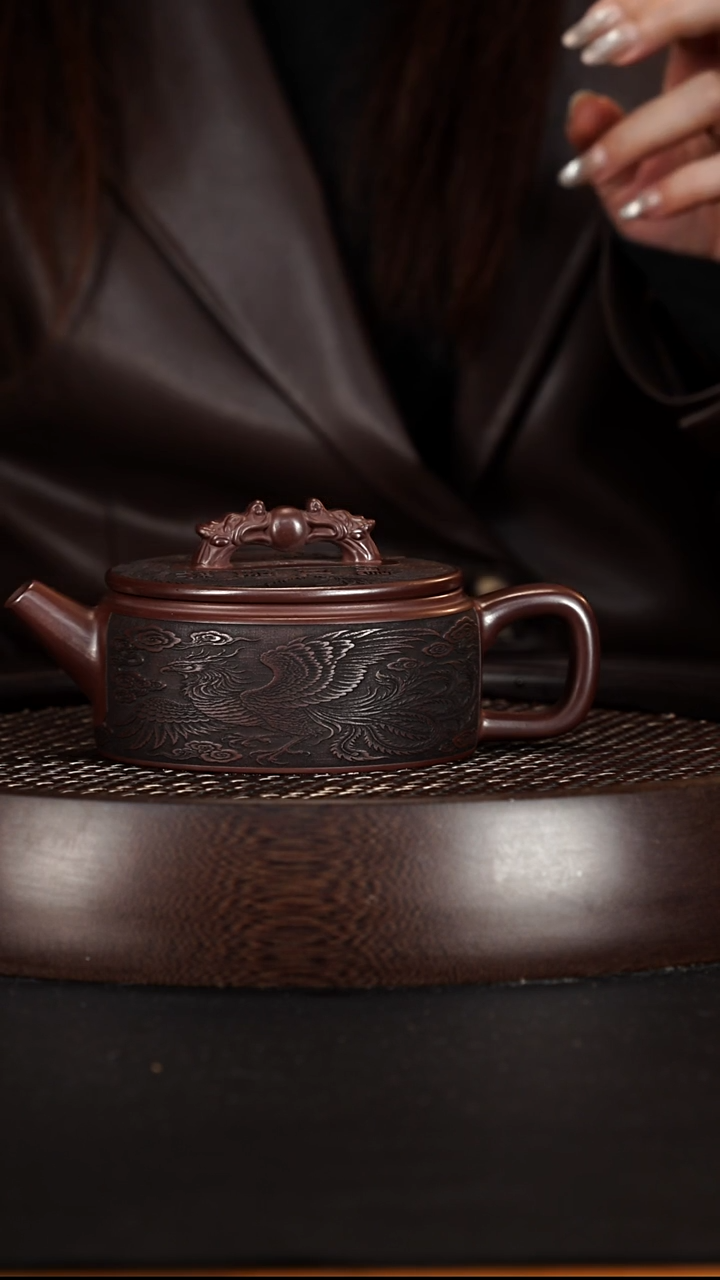 茶壶紫砂宜兴紫砂壶石红泥料龙凤如意汉瓦260cc