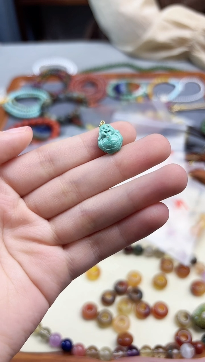 18K金镶嵌绿松石颈饰18K金松石财神吊坠GW赠链