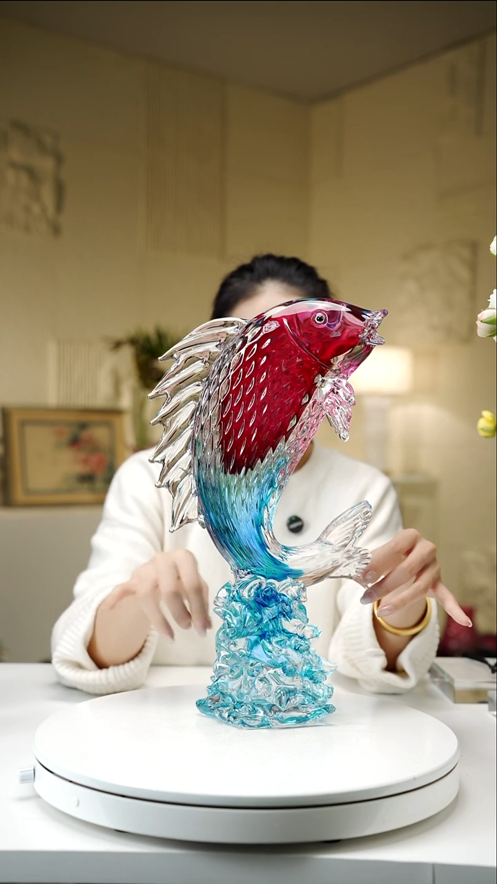 手工艺品琉璃金红蓝双色鱼跃龙门摆件