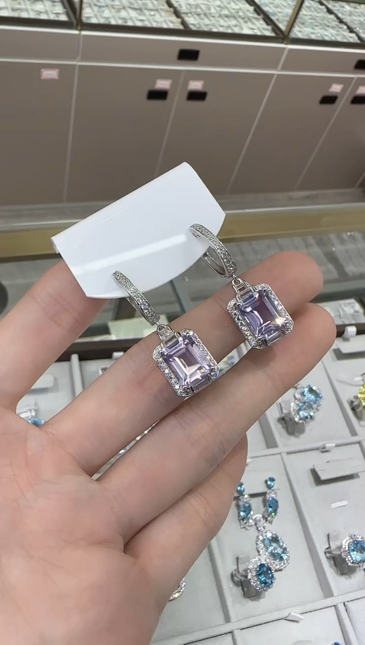 【闪购商品】水晶耳饰银S925镶嵌8*10mm耳扣薰衣草