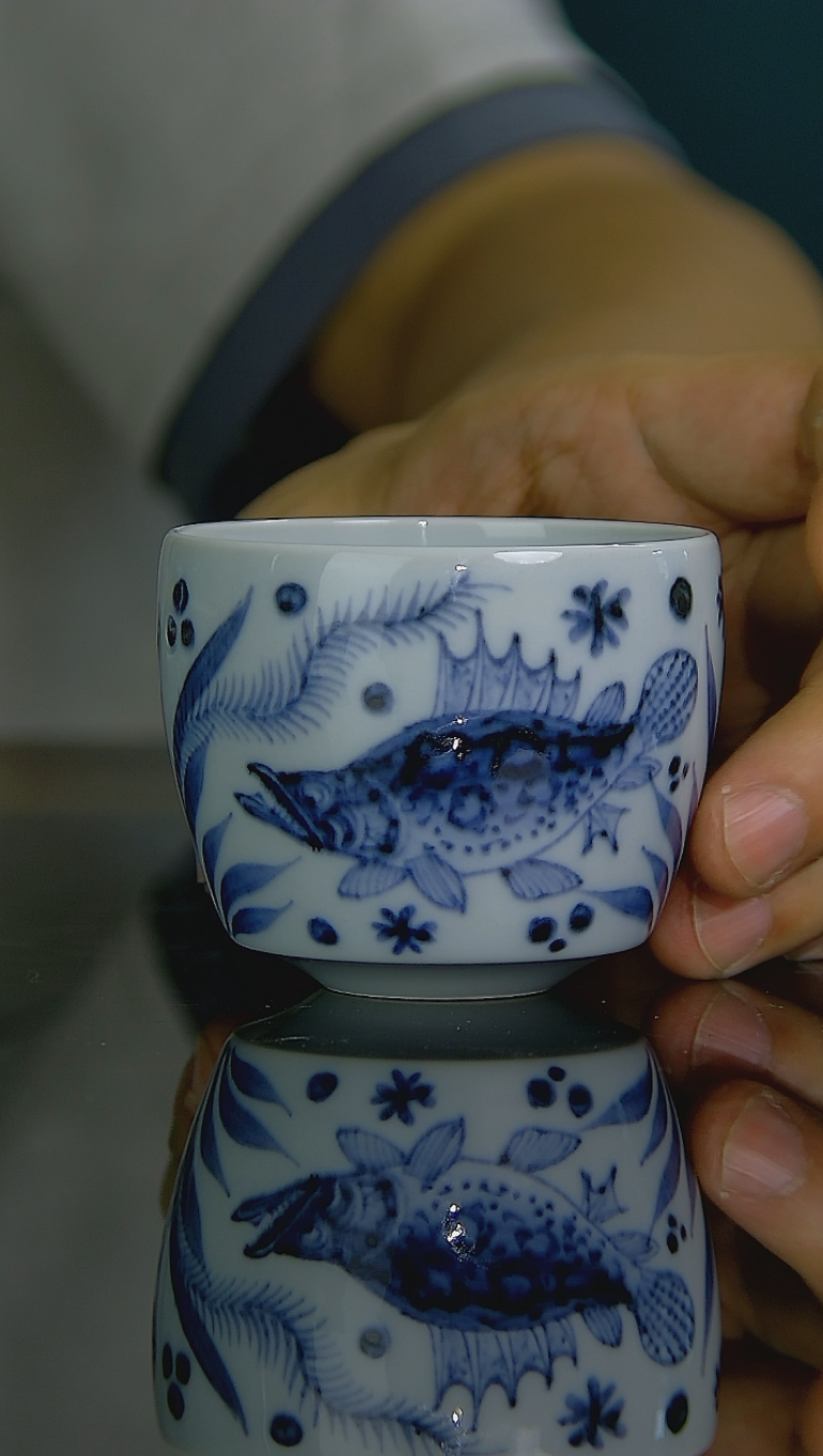 凌兮君窑·满绘·纯手工·仿元青花·鱼藻纹·不倒杯·茶器