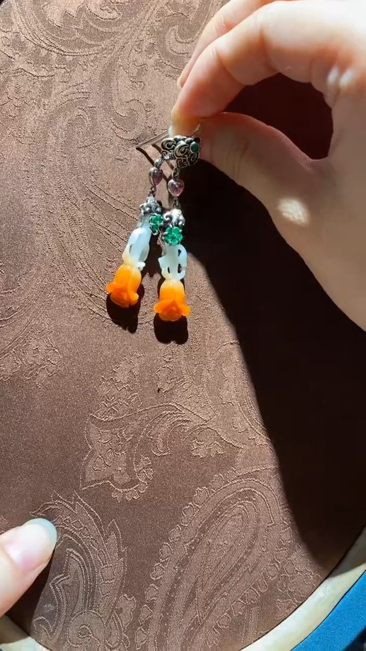 【闪购商品】翡翠耳环银S925镶嵌红翡绿翠 13号