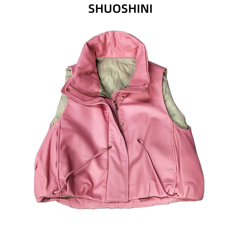 真皮绵羊皮马夹头层加绒保暖秋冬季宽松休闲时尚短款立领女士马甲