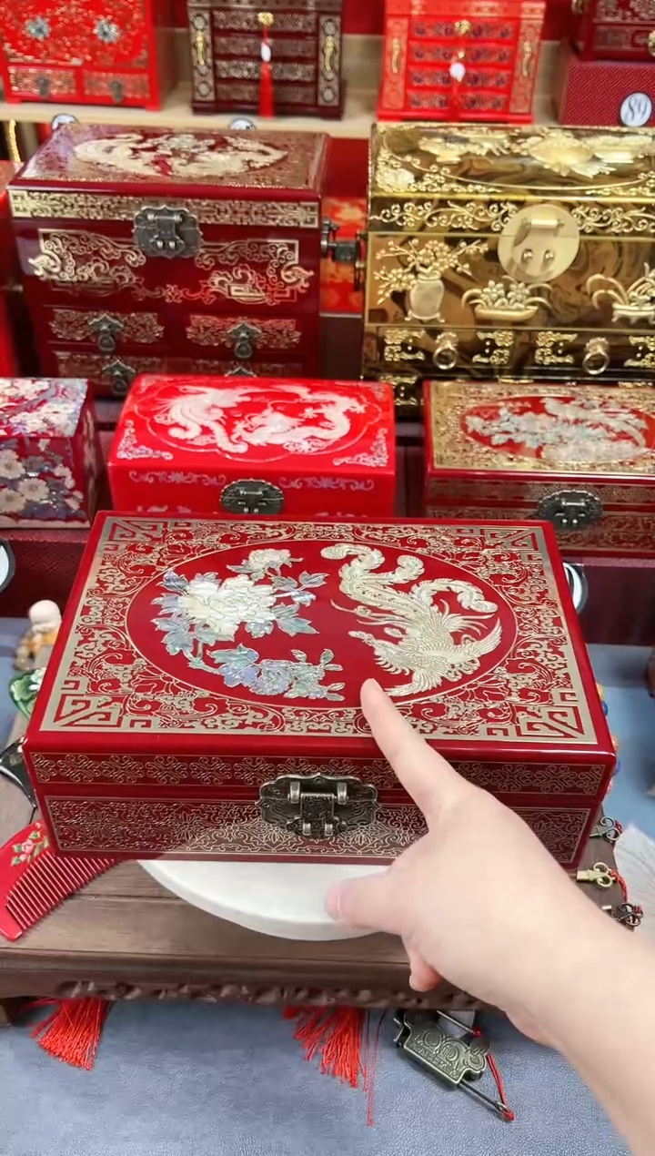 【闪购商品】28厘米双层大空间掐丝螺钿千层漆酒红凤凰