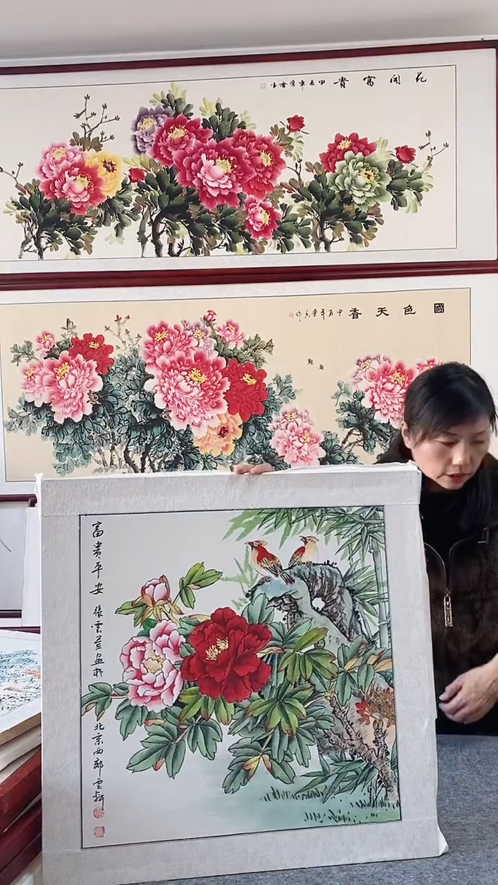 国画纯手绘国画65*65CM带框装饰字画