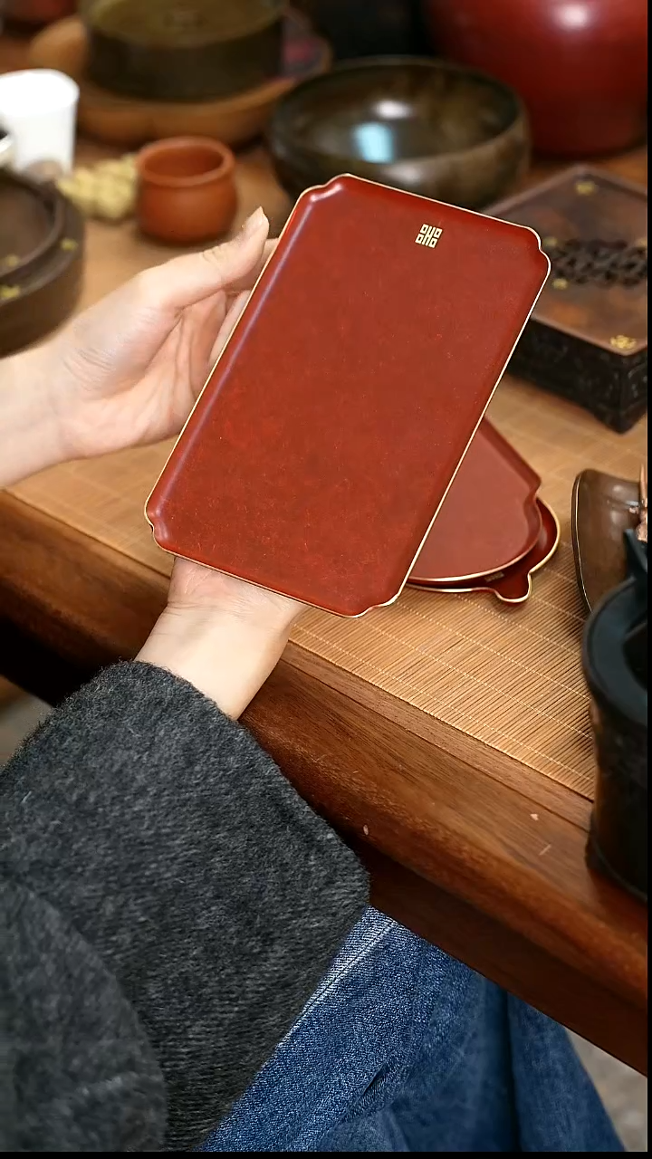 铜黄铜铜彩烧色长方形壶承