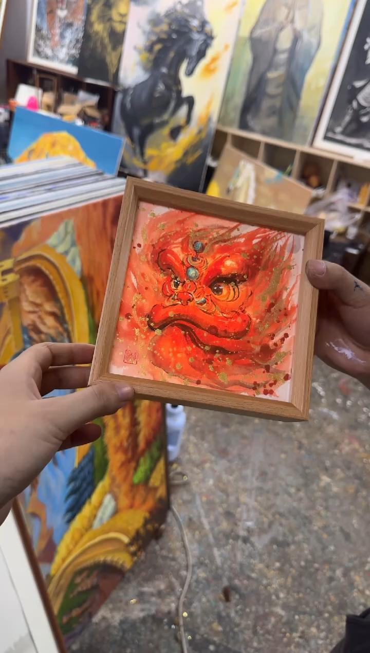 丙烯画懒羊羊老师醒狮摆台