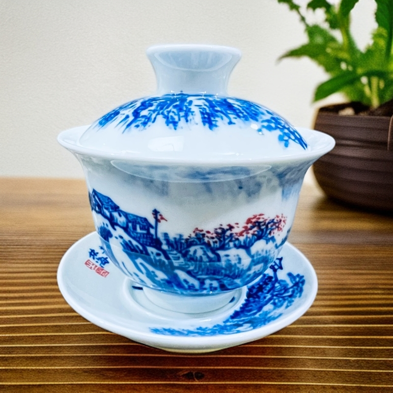 景德镇陶瓷艺术大师青花山水内绘盖碗茶器
