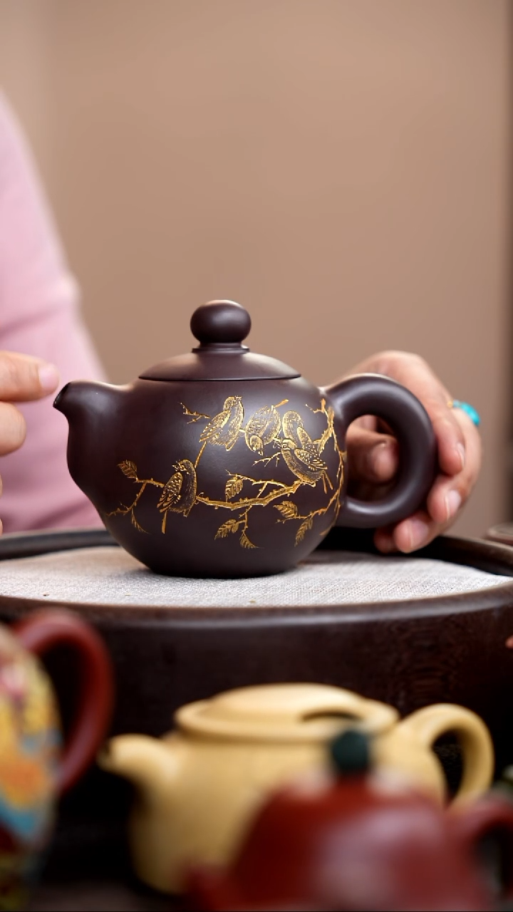 茶壶紫砂紫茄泥福珠刻五子登科