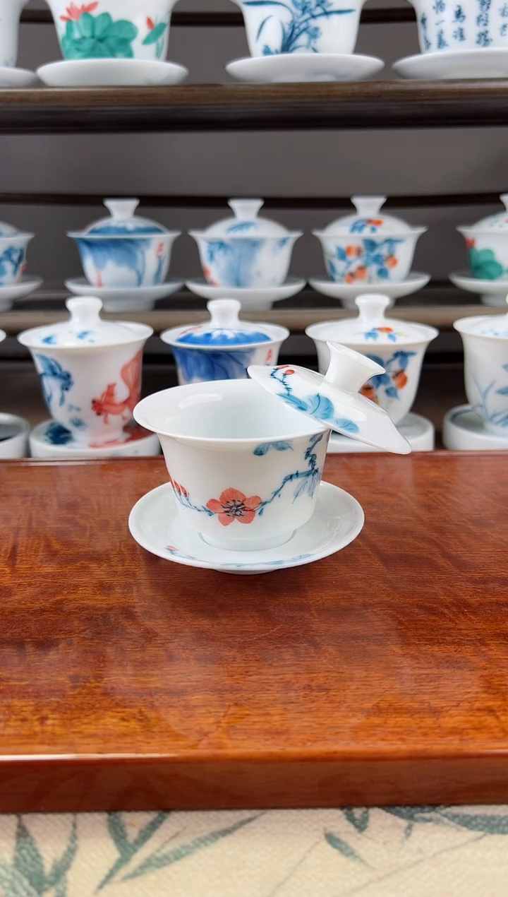 微瑕山茶花三才小马蹄盖碗