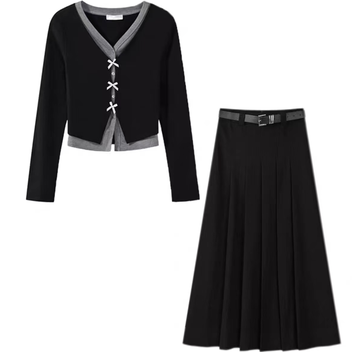 韩国小镇【送皮带】新款针织开衫半身裙高腰显瘦百褶裙气质两件套