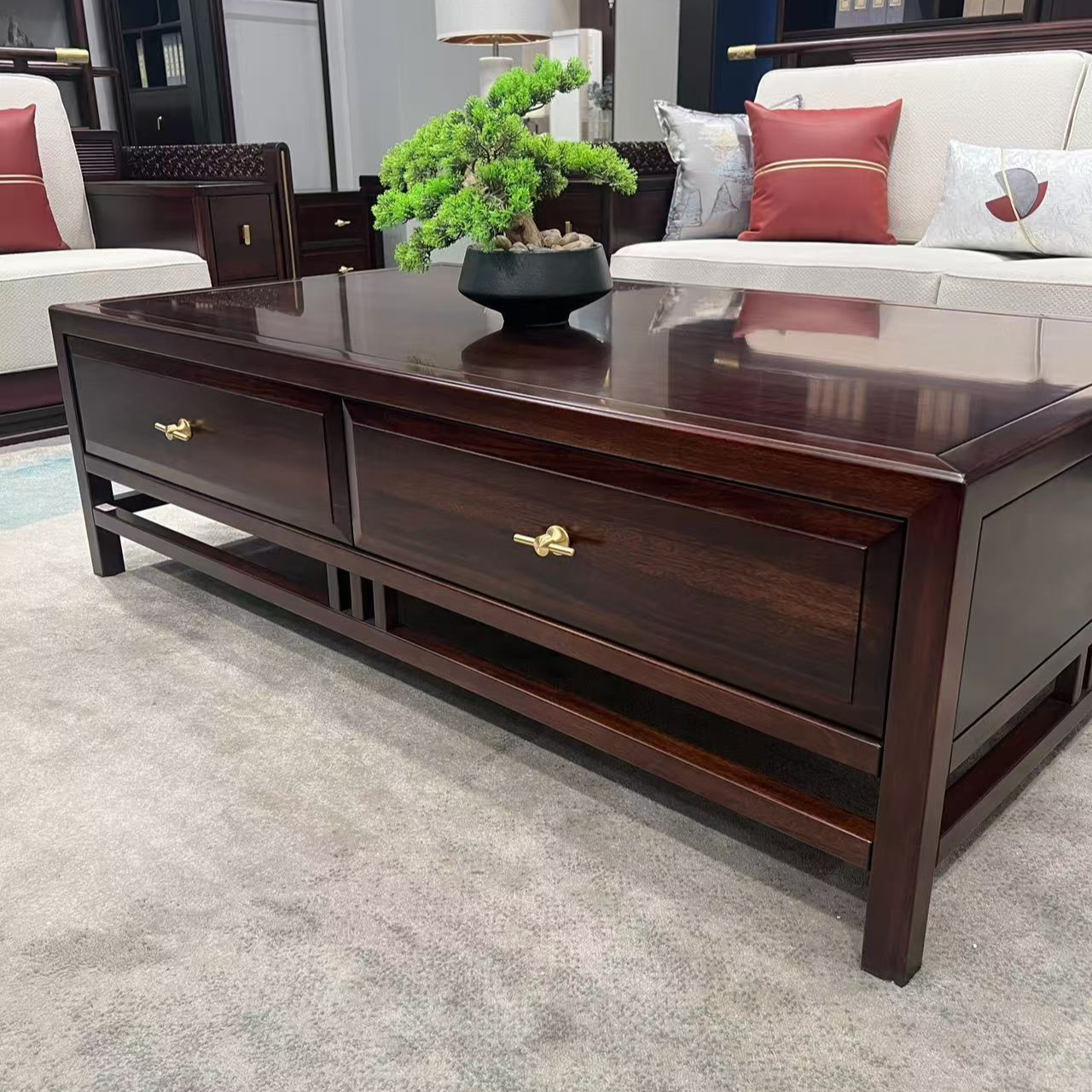 1.45米长茶几----黑檀全实木时尚轻奢新中式茶几客厅禅意雕花