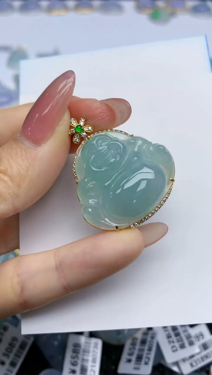 【闪购商品】翡翠挂件18K金镶嵌天然翡翠A货