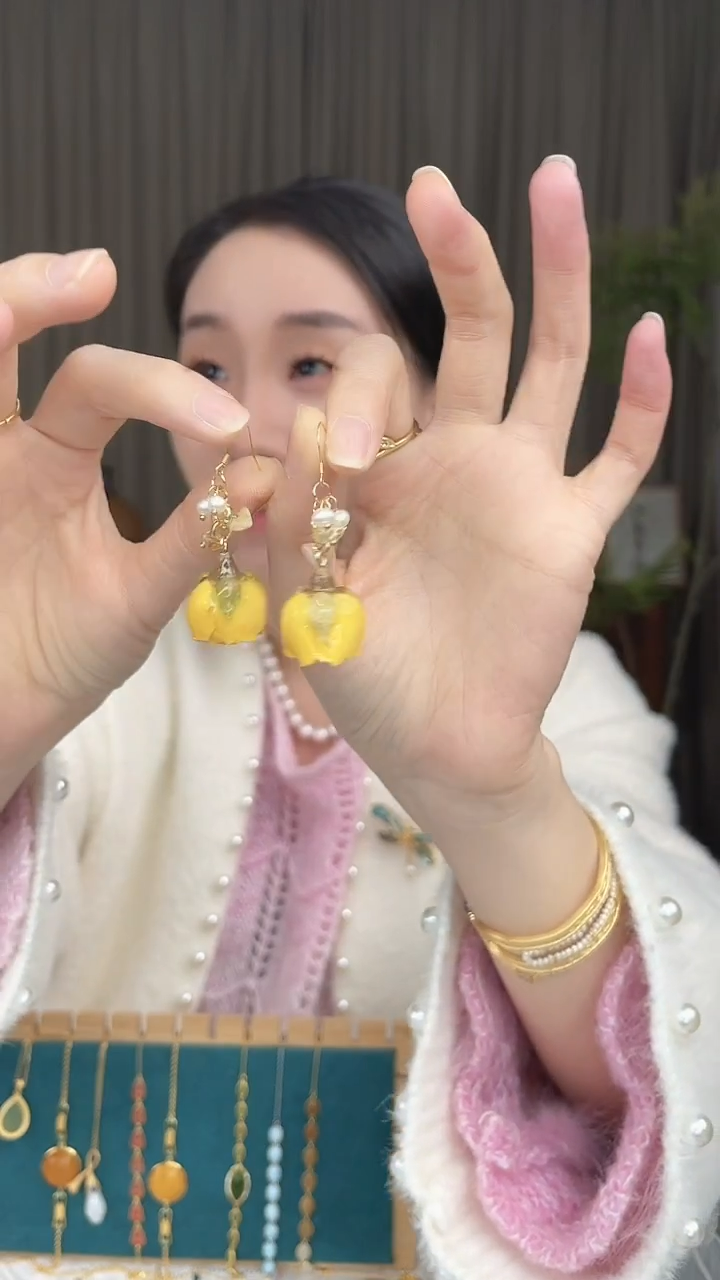 银S925镶嵌耳饰淡水珍珠黄玫瑰珍珠耳环