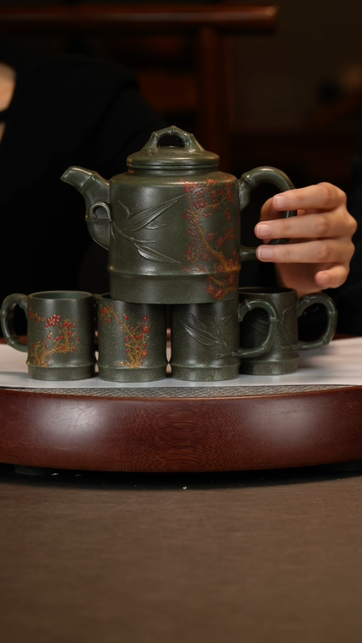 【闪购商品】紫砂茶壶高竹节套组+梅花画+雪竹画380c