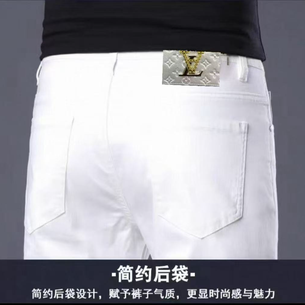 男士修身牛仔裤腰带秋冬男装立体剪裁中腰白色潮流时尚简约弹力