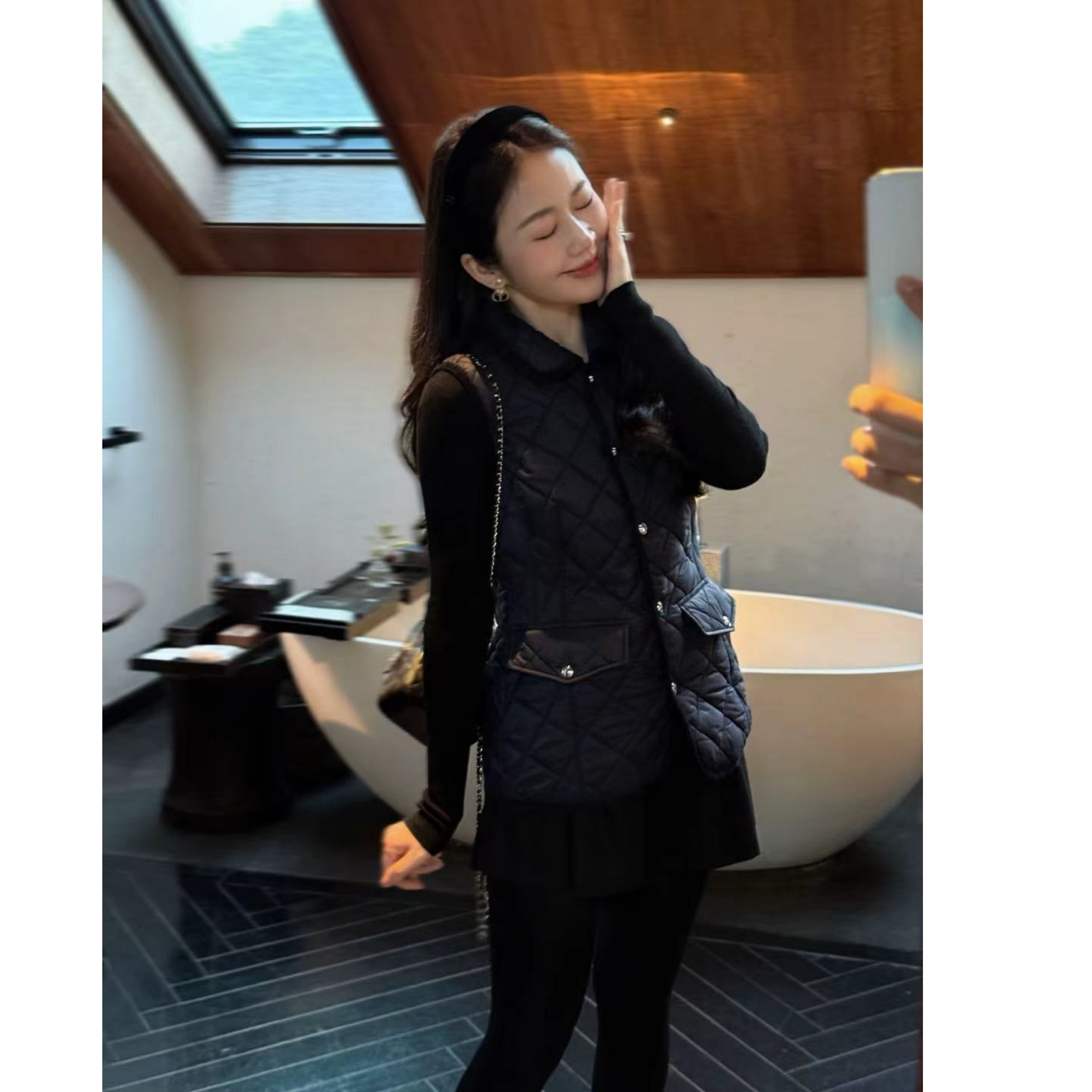 syna希娜 经典修身菱格纹衔缝棉收腰马甲坎肩