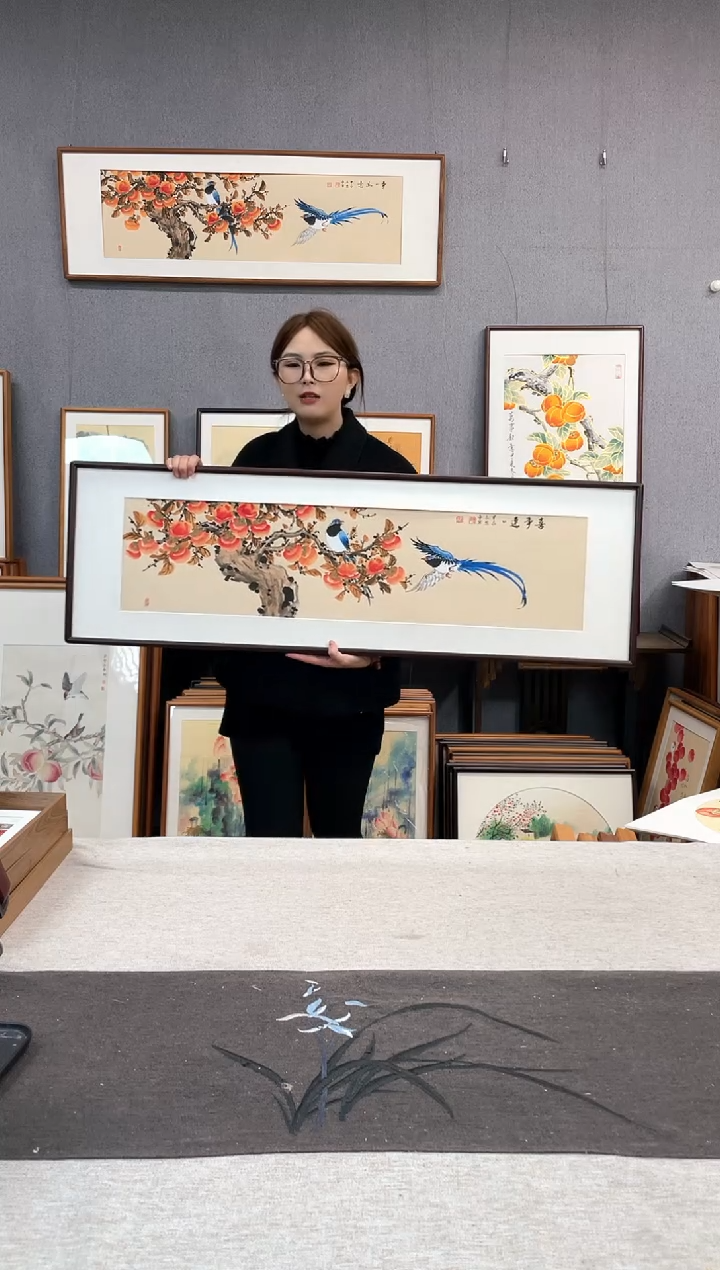 【闪购商品】国画手写手绘带框作品-40*123-柿子