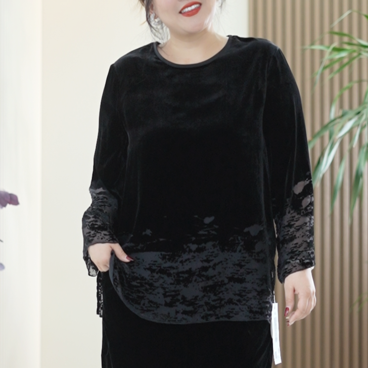 【黑玫瑰】100%真丝丝绒上衣女植绒渐变秋季定位大码显瘦轻奢T恤女