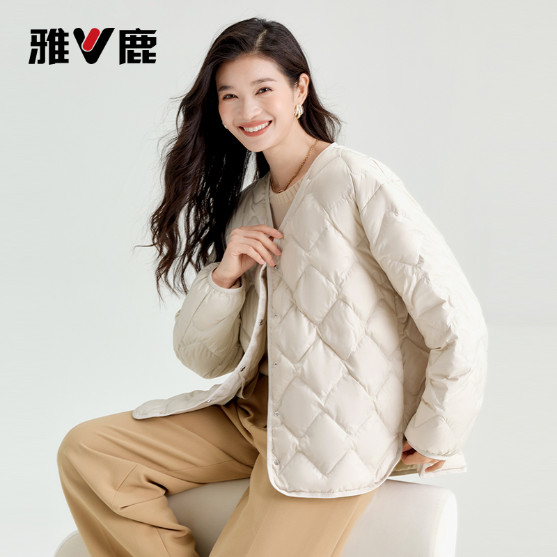 雅鹿轻薄羽绒服女内胆冬季2025新款时尚短款外穿保暖菱形格外套